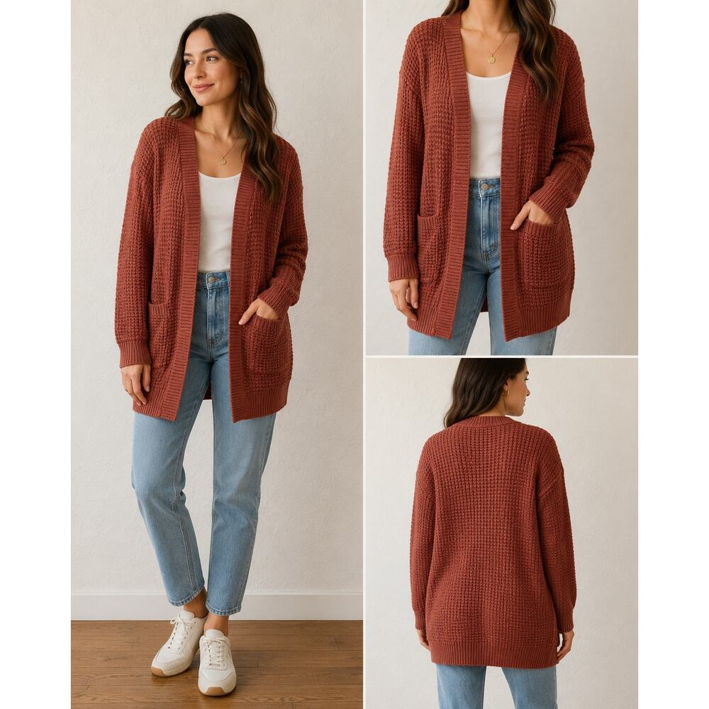 Emma’s Expressions Large Waffle Knit Open-Front Cardigan Sweater Pockets Comfy